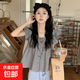 黑白格子鎖骨方領襯衫女夏設計感小眾甜美荷葉邊娃娃衫小飛袖上衣 黑色 均碼 建議85-135斤