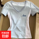 設(shè)計(jì)感撞色格子拼接V領(lǐng)棉質(zhì)短袖T恤女夏季新款甜辣風(fēng)修身顯瘦上衣 1048薄荷綠拼白色 L 【建議100-110斤】