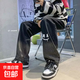 美式男款褲子高街新款秋季2024涂鴉春季牛仔褲青少年直筒闊腿褲 黑色 L