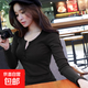 秋季紐扣螺紋純色長(zhǎng)袖t恤女裝修身韓國(guó)新款上衣打底衫外穿潮 黑色 XXL
