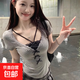 假兩件蝴蝶結掛脖短袖t恤女夏季純欲甜美辣妹短款小上衣獨特別致 10灰色 S