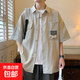 日系短袖襯衫男生夏季薄款冰絲襯衣工裝寸衫休閑外套寬松上衣 淺灰色 玖度  A203  3XL
