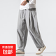 左斯客中國風(fēng)男裝唐裝亞麻褲子男士寬松大碼燈籠褲直筒棉麻休閑長(cháng) 淺灰色 K801 5XL