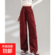 美式紅色闊腿工裝褲女春季2026新款寬松束腳運動(dòng)休閑褲子 棗紅色長(cháng)褲 【推薦身高158-164cm 2XL 141-150斤選