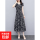 夏季新款碎花連衣裙女短袖新款遮肚顯瘦大碼寬松媽媽中長(cháng)款裙子 黑色 4XL 【建議160-175斤】