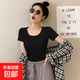 純欲風(fēng)大圓領(lǐng)短款t恤女夏季設(shè)計(jì)感小眾辣妹緊身上衣露臍裝短袖t恤 炫本色大圓領(lǐng)短T黑色 M
