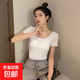 純欲風(fēng)大圓領(lǐng)短款t恤女夏季設計感小眾辣妹緊身上衣露臍裝短袖t恤 炫本色大圓領(lǐng)短T白色 L
