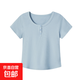 夏季新款顯瘦時(shí)尚百搭短款修身純色紐扣上衣T恤女-24214 藍色 L （建議 110-125斤