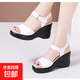 軟皮坡跟涼鞋女2025夏新款防水臺厚底百搭松糕高跟舒適媽媽女涼鞋 白色 37