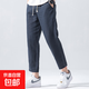 100%亞麻九分褲男士松緊系繩夏季薄款中國風(fēng)休閑褲中青年百搭褲子 藏青 XL (建議160-180斤)