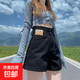 高腰卷邊牛仔短褲女夏2026新款寬松顯瘦闊腿a字大碼設計感熱褲 黑色 2XL 建議125-135斤