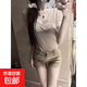 美式辣妹牛仔短褲女春夏新款低腰顯瘦包臀豐胯小個(gè)子外穿休閑熱褲 卡其色-P76 XL
