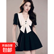 高級感蝴蝶結翻領(lǐng)黑色連衣裙女2025新款夏季收腰拼色小禮服D2589 黑色 2XL 【130-145斤】