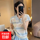 撞色條紋polo翻領小飛袖短袖T恤女夏季獨特漂亮chic甜辣上衣BYNT 淺藍白拼色 均碼