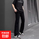 微喇牛仔褲男美式高街寬松直筒黑色半松緊腰純色百搭休閑長褲子男 黑色 M （適合95-110斤）