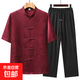 【桑蠶絲】2025夏季新款中老年短袖襯衫套裝男中國風爸爸漢服唐裝 20222-T630紅色 【套裝】 均碼 /175【推薦130-150斤】