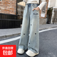 2025春秋新款字母直筒中大童闊腿褲休閑兒童寬松秋季女童牛仔褲子 藍色 160 【建議身高145-155】