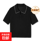 【阿瑪尼制造商】桑蠶絲翻領(lǐng)針織衫女手工釘珠短袖打底上衣 典雅黑 L （100-120斤）