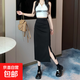 2025開叉裙子女夏秋包臀裙新款高腰顯瘦半身裙中長款a字裙一步裙 黑色 L