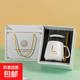幸運字母杯陶瓷馬克杯禮盒裝茶杯帶蓋勺水杯咖啡杯陶瓷杯伴手禮品 白色：杯+蓋+勺【帶盒子】