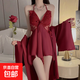 性感睡衣女2025新款夏季冰絲綢薄款蕾絲純欲風帶胸墊吊帶睡裙套裝 棗紅色【睡裙+外袍+腰帶】 均碼 【帶胸墊】