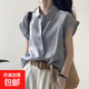 藍(lán)色短袖襯衫薄款高端棉麻感上衣女寬松小飛袖襯衣慵懶夏季穿搭 藍(lán)色 XL
