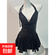 新款性感掛脖修身亮面荷葉邊連衣裙純欲誘惑 黑色 均碼