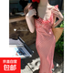 甜美法式紅色格子吊帶連衣裙子女度假風(fēng)魚(yú)尾長(cháng)裙 紅色 XL