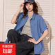 美式夏季新款英文刺繡短袖襯衫港風(fēng)寬松薄款小格子學(xué)院風(fēng)外套女 藍(lán)色 L