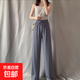 冰絲闊腿褲女直筒夏季薄款抽繩高腰垂墜感顯瘦寬松休閑褲 灰色 均碼
