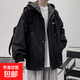 外套男春秋冬季潮流韓版寬松休閑衣服男裝潮牌假兩件工裝連帽夾克 8820黑色 2XL 170-180/160斤左右