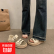 法式兩穿真皮涼鞋女2025年夏季新款百搭魔術貼厚底休閑運動沙灘鞋 米白色 35