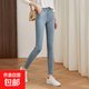 復古高腰牛仔褲女時(shí)尚煙管褲顯瘦修身小腳褲休閑緊身鉛筆褲J879 淺藍色 L（110-120斤）