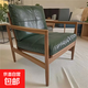 中古風(fēng)漢克椅單人沙發(fā)椅客廳陽(yáng)臺懶人休閑椅復古實(shí)木家用沙發(fā)椅 軍綠油蠟皮+胡桃色框架