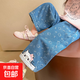 【當日發(fā)貨】女童褲子春秋款兒童牛仔褲洋氣女寶寶卡通直筒闊腿褲 藍色 120 cm
