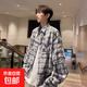 扎染格子襯衫男款痞帥春秋疊穿內搭潮牌外套cleanfit格紋長(cháng)袖襯衣 咖格 常規 L 建議【110斤-130斤】