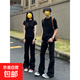 秋季黑色微喇牛仔褲男女半松緊腰高街vibe直筒褲子修身顯瘦彎刀褲 黑色 M 【建議95-110斤】