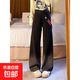 大碼新款美式側邊拉鏈漸變牛仔褲女夏季胖mm高腰直筒闊腿寬松褲子 黑色 L 建議105-115斤