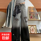 黑灰色破洞闊腿牛仔褲女夏裝新款高腰復古小個(gè)子窄版直筒拖地長(cháng)褲 黑灰色 L