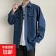 棉料牛仔工作服襯衫男多口袋長(cháng)袖電焊工防燙耐磨上衣防曬薄款外套 深藍色 4XL 推薦175-195斤