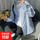 條紋長(cháng)袖襯衫男秋季新款日系少年感長(cháng)袖襯衣寬松復古休閑外套上衣 【重磅高質(zhì)量清倉】藍色 L 建議體重100-115斤可穿