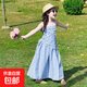 兒童多巴胺小洋裙2025新款女童夏季公主連衣裙女孩夏裝高級感裙子 藍色 150