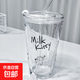 可愛小狗小貓印字雙飲口玻璃杯玻璃吸管杯帶蓋防摔耐高溫杯子 可愛小貓印花一套 480ml 1只