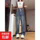 設(shè)計感松緊腰工裝牛仔褲女薄款2025新款寬松直筒大碼夏季闊腿褲子 藍色 L