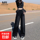 黑灰色高腰闊腿牛仔褲女直筒寬松新款垂感顯瘦拖地長(cháng)褲子牛仔褲 黑灰色 L