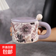 復古花朵陶瓷杯子加蓋勺高顏值家用喝水杯辦公室咖啡杯茶杯馬克杯 紫色花 1個(gè) 350ml
