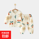 酷米綈寶寶長(cháng)袖紗布睡衣夏季薄款兒童家居服分體嬰兒套裝夏裝女童 櫻桃 90