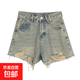 復古黃泥色牛仔短褲女2023夏裝新款高腰磨破洞a字顯瘦辣妹熱褲ins N129-藍色  XL