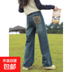 女童牛仔褲秋裝2025新款兒童秋季大童闊腿褲初中生褲子女孩直筒 藍色 160 cm