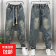 復古港風(fēng)牛仔褲男寬松哈倫褲松緊腰蘿卜褲潮牌時(shí)尚寬松百搭長(cháng)褲子 藍色 常規 3XL